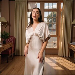 KLd Satin Poly Caped Deep-V Maxi dress in Champagne Pink,  size S